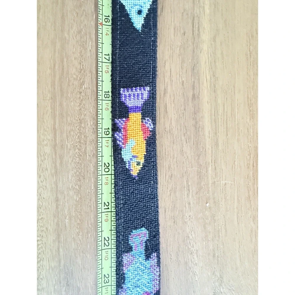 Handmade belt Needlepoint Fish  Mahi Leather Canvas Brass Buckle USA Sz 32 S/M